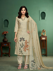Silk Petals Beige Viscose Cotton Stitched Suit Sets